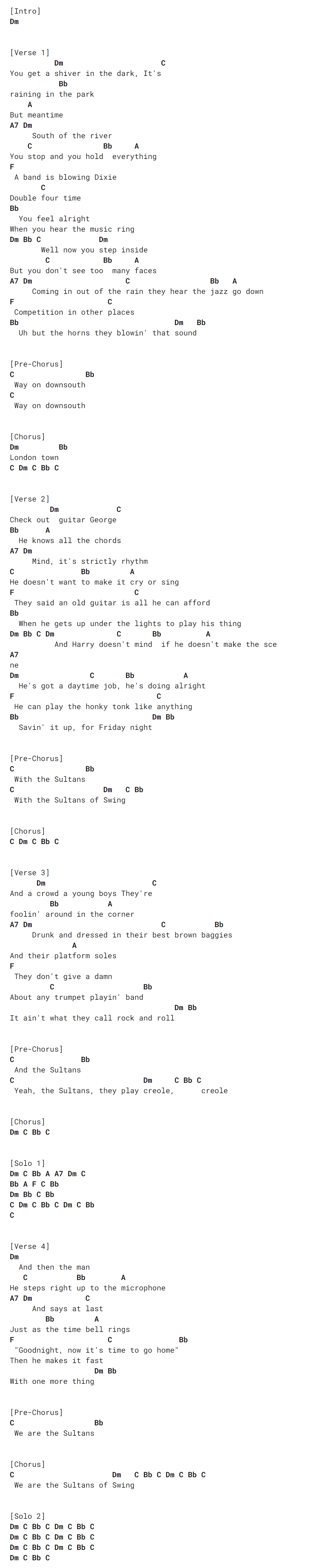 "Sultans Of Swing" Dire Straits Piano CHORDS