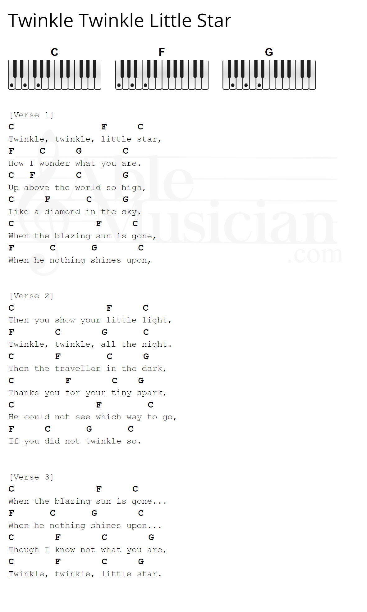 "Twinkle Twinkle Little Star" Piano Chords